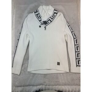 Barabas Men's White Knit Sweater Greek Key Trim Quarter Button Mock Neck Size L